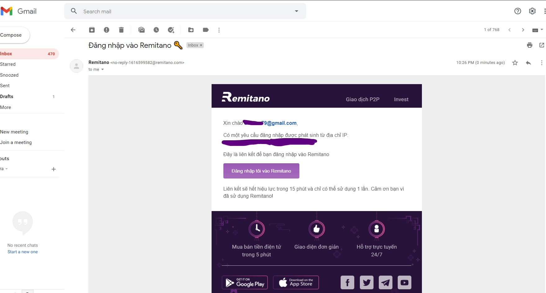 Click vào nút "Đăng nhập tôi và Remitano" trong email